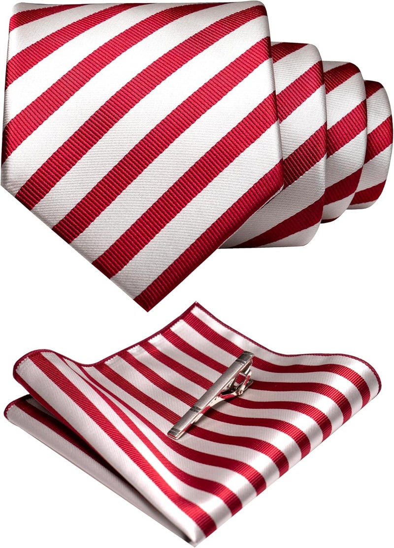 RBOCOTT Silk Stripe Plaid Tie and Pocket Square with Tie Clip Sets for Men - Image 1